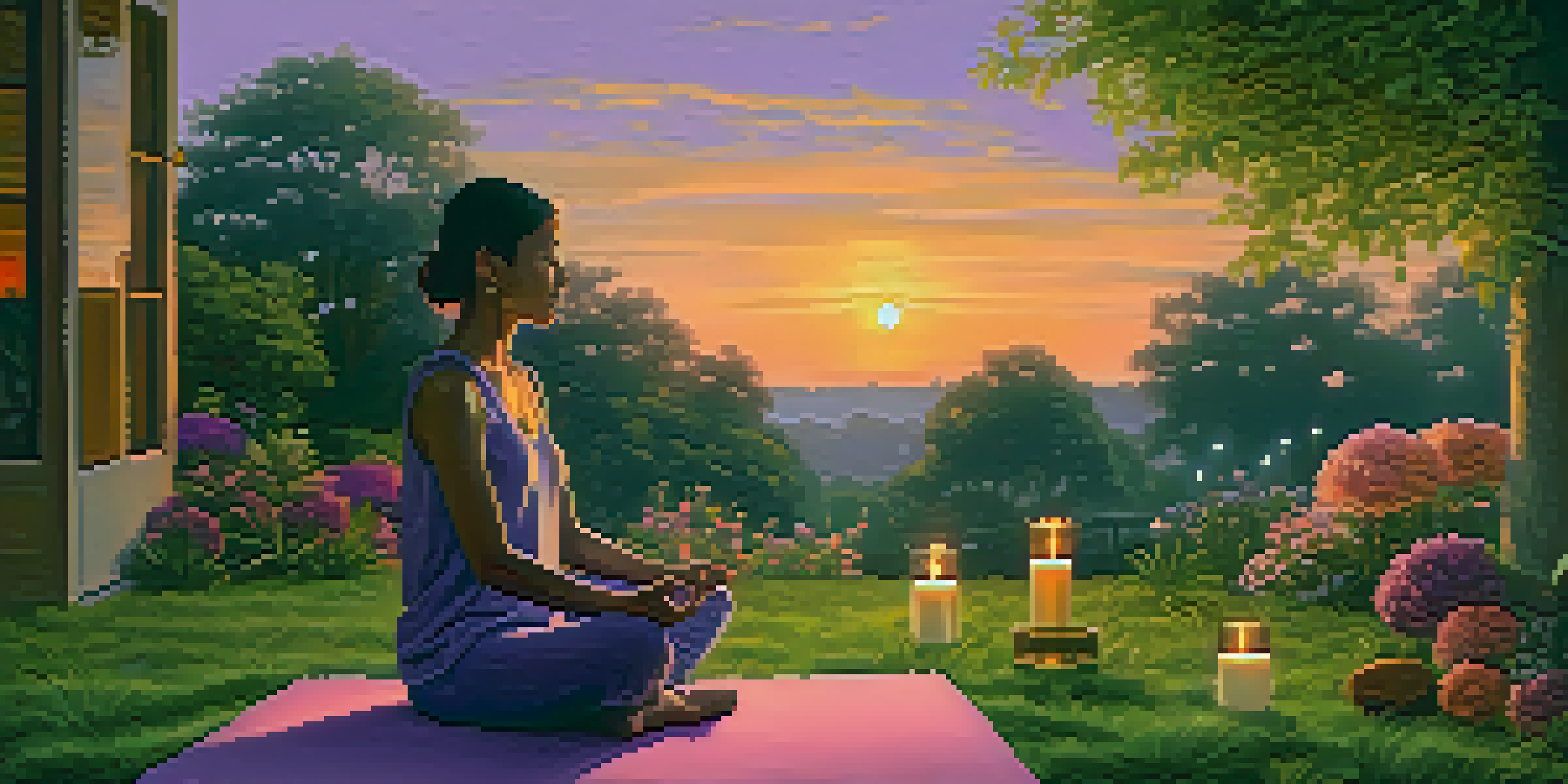 A person meditating in a peaceful garden at dusk, surrounded by nature and soft candlelight.