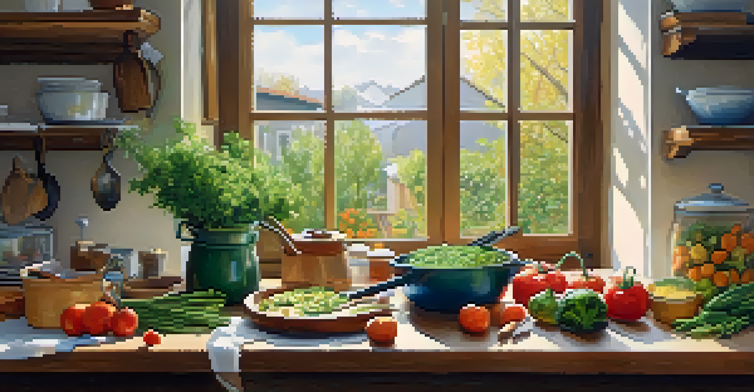 A cozy kitchen with someone preparing a healthy meal with fresh vegetables and herbs.