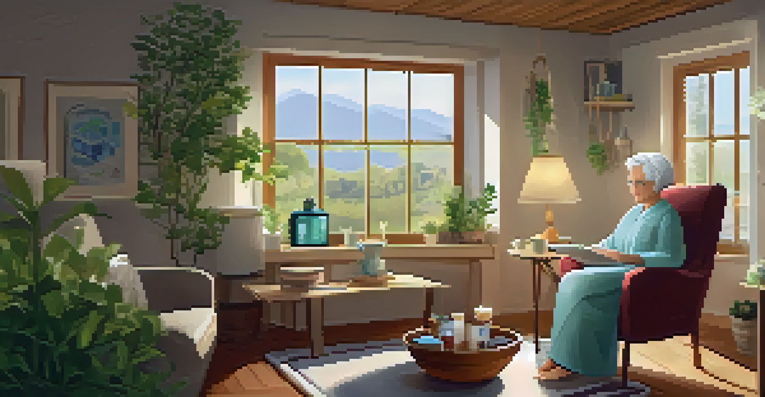 An elderly woman using a tablet to interact with an AI assistant in a cozy home setting.