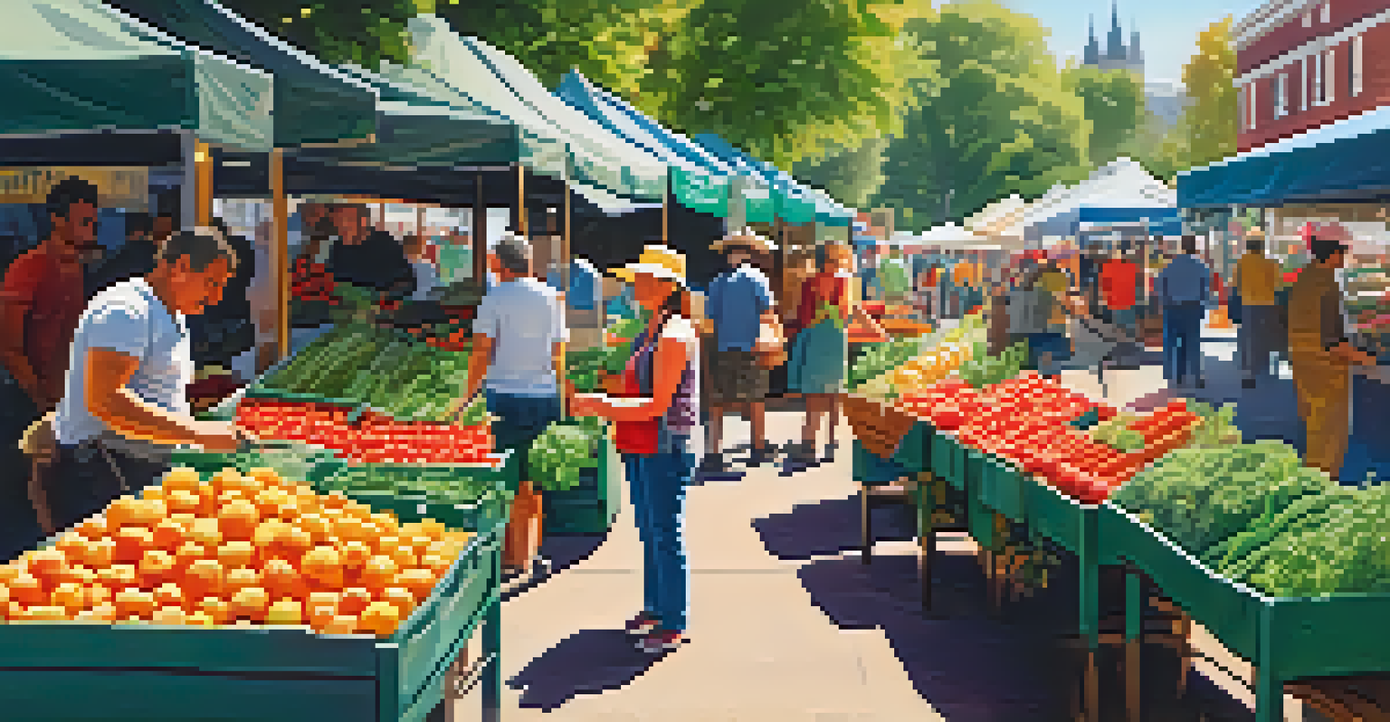A bustling farmers market with colorful stalls filled with fresh fruits and vegetables under bright sunlight.