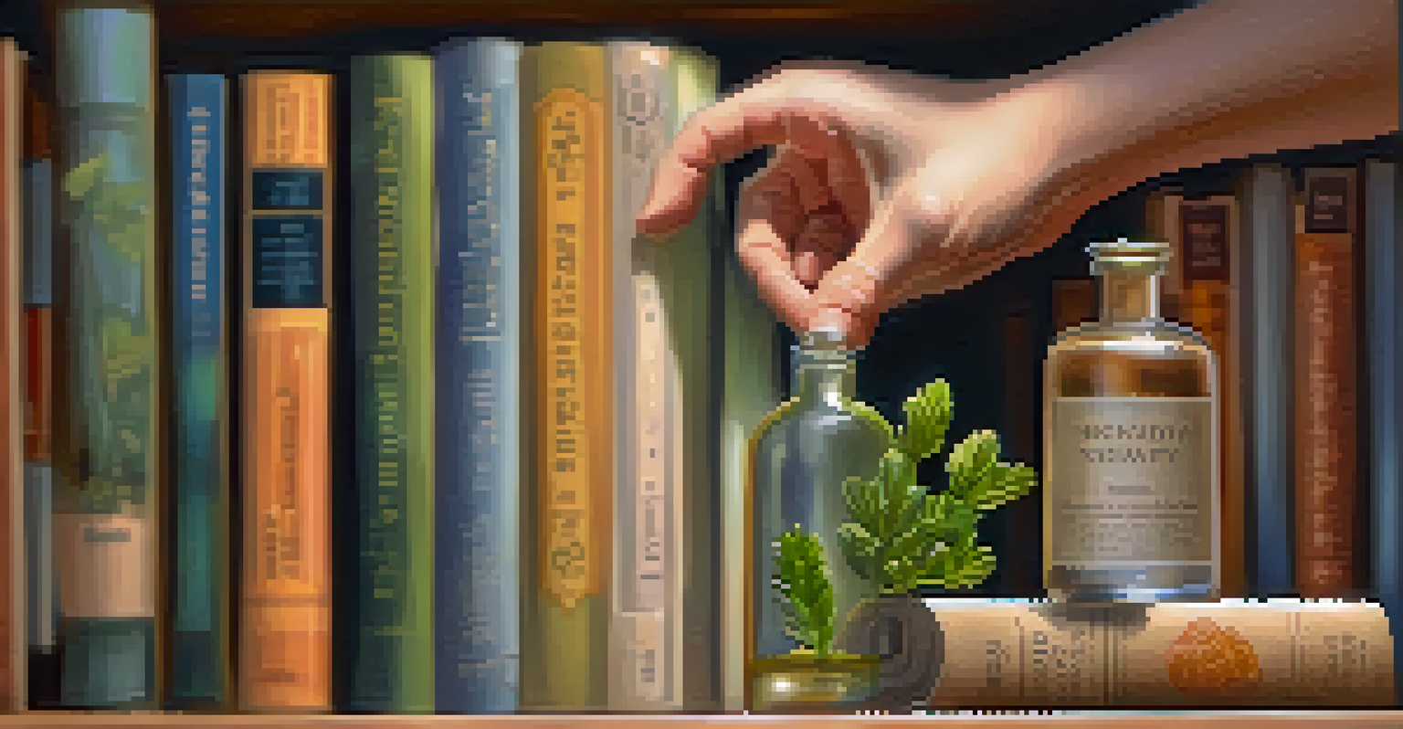 A close-up of a hand holding a homeopathic remedy bottle, with a blurred background of herbal books and plants.
