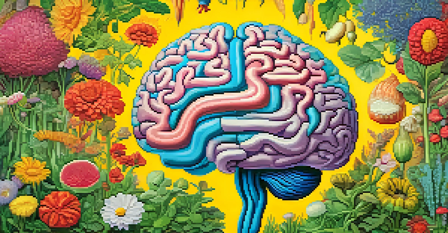 A colorful illustration representing the gut-brain connection, with a flourishing garden around a brain, indicating the relationship between gut health and mental well-being.