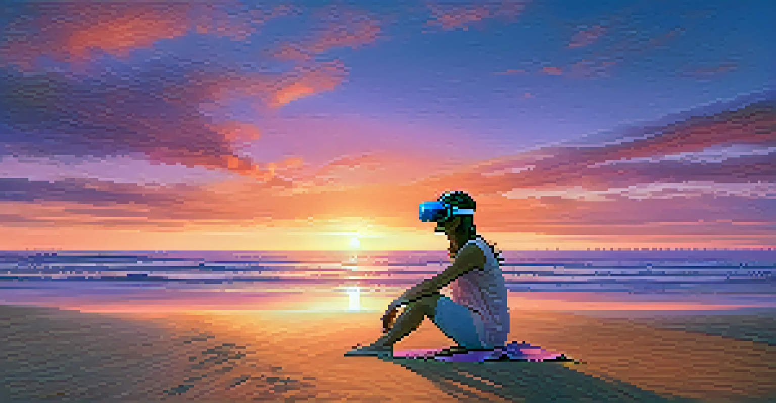 A person wearing a virtual reality headset standing on a beach at sunset, with colorful clouds and gentle waves creating a serene atmosphere.