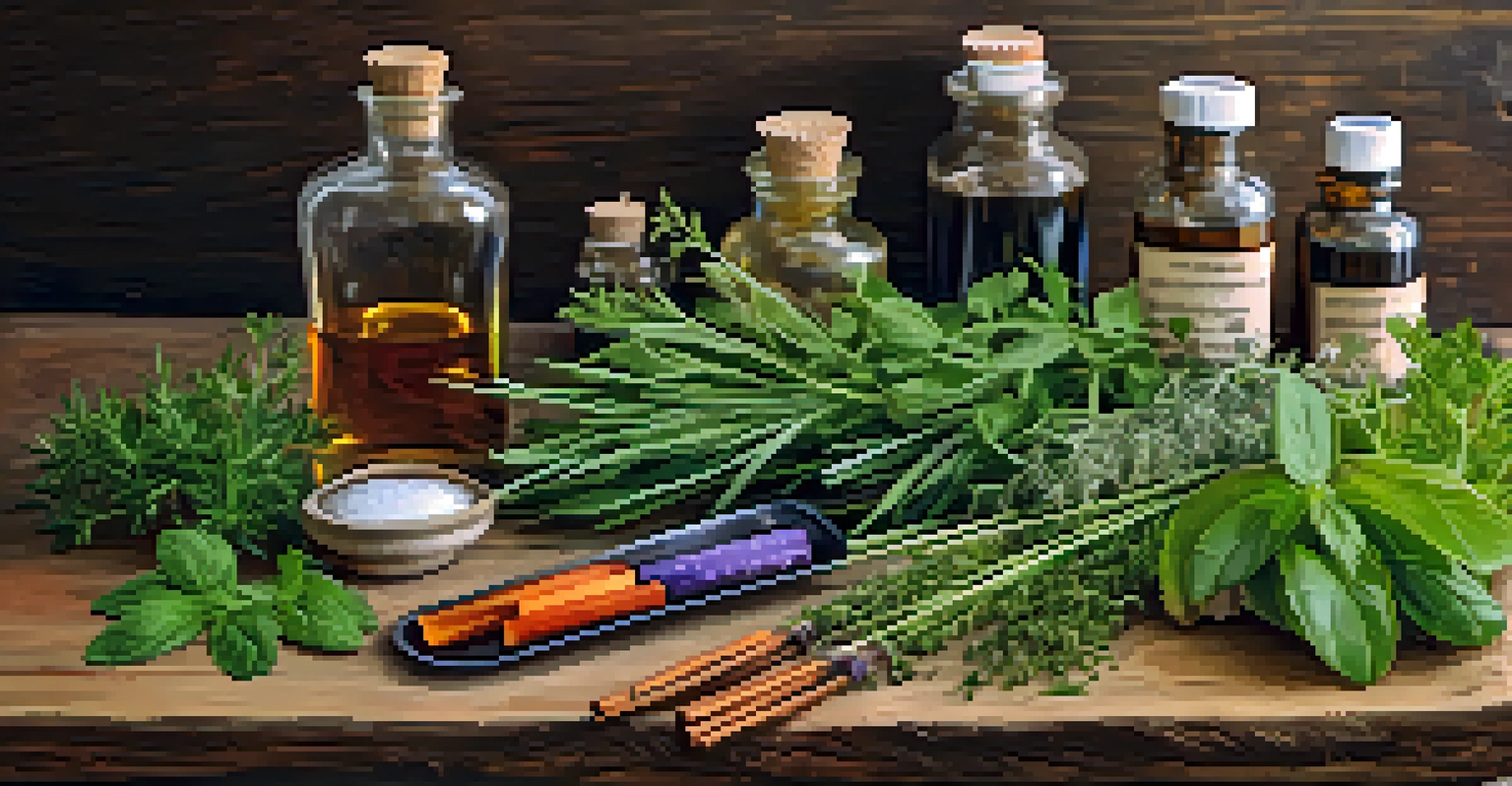 Close-up of fresh herbs and natural remedies on a rustic wooden table, with traditional medicine tools in the background.