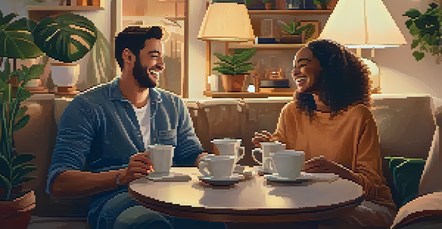 Two friends enjoying tea and laughter in a cozy indoor setting, emphasizing the warmth of relationships and emotional well-being.