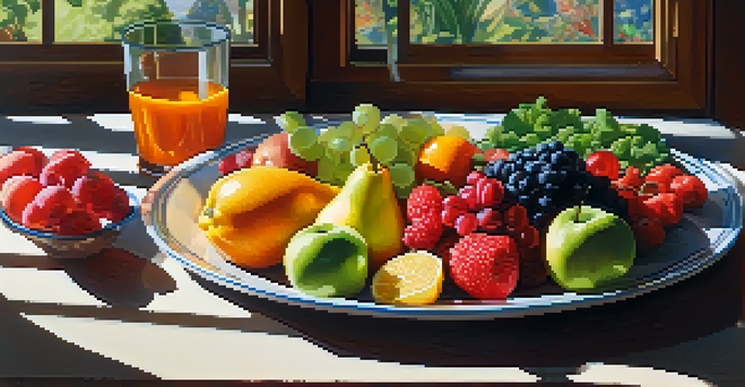 A colorful plate filled with fruits, vegetables, whole grains, and lean proteins, displayed on a wooden table with sunlight illuminating the scene.