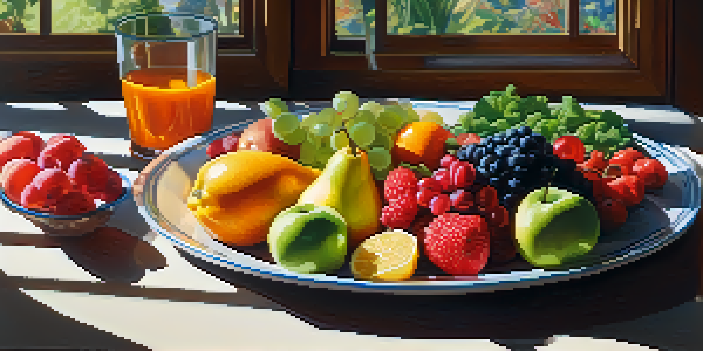 A colorful plate filled with fruits, vegetables, whole grains, and lean proteins, displayed on a wooden table with sunlight illuminating the scene.