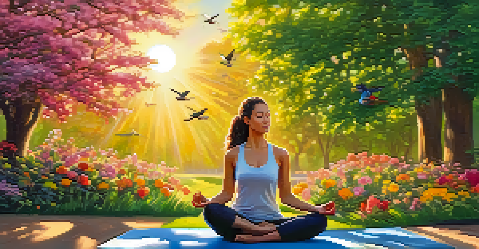 A person meditating on a yoga mat in a peaceful park during sunset.