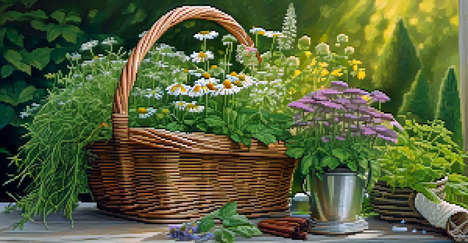 A colorful herb garden with various herbs and a wooden basket filled with freshly picked herbs.