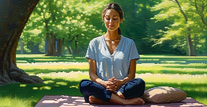 A person meditating in a green park surrounded by trees and flowers.
