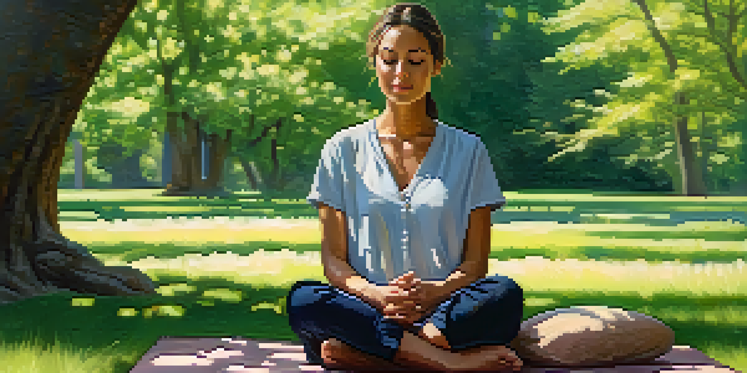 A person meditating in a green park surrounded by trees and flowers.