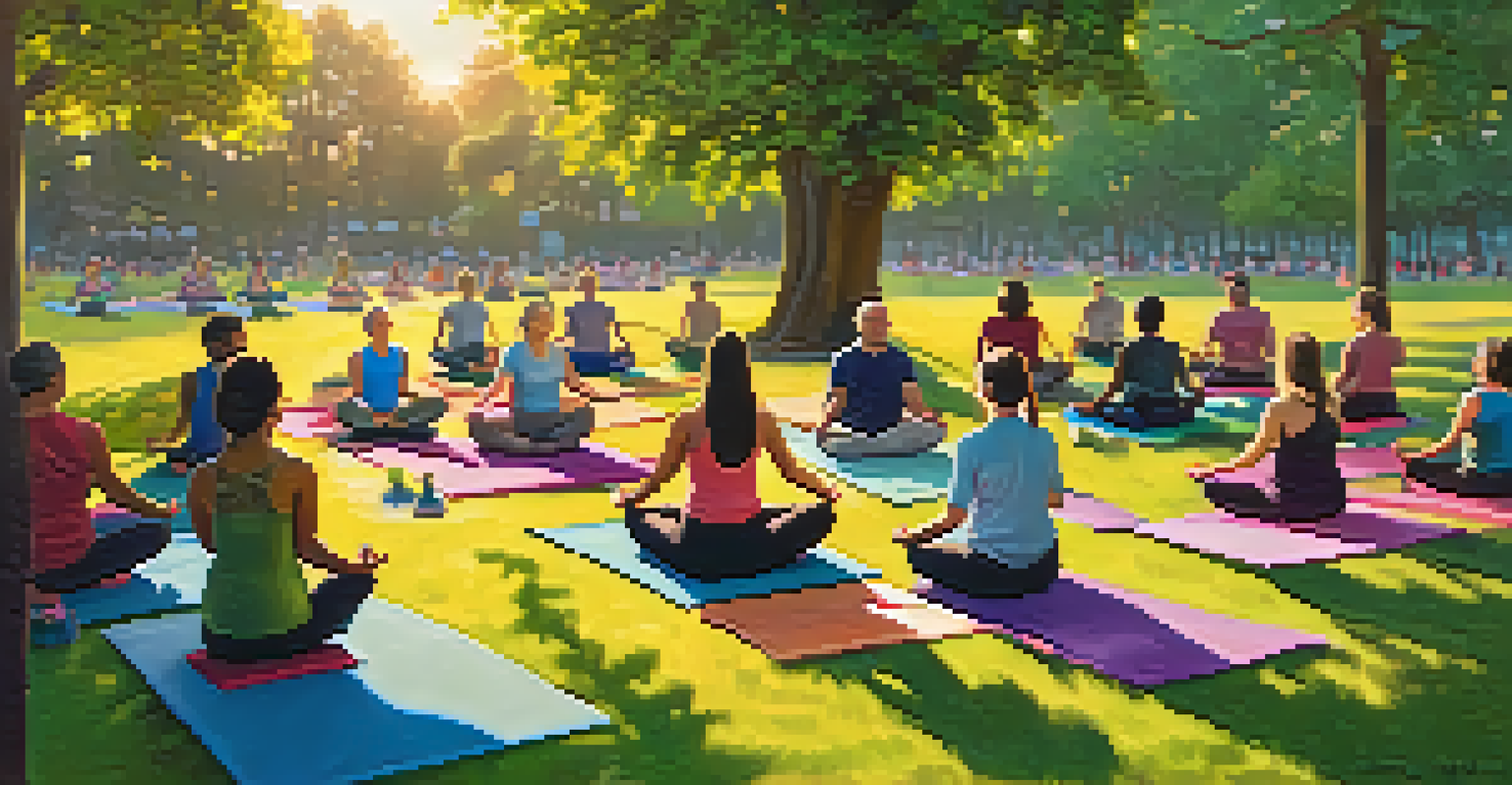 A group of people practicing yoga outdoors in a park during sunset, surrounded by nature.