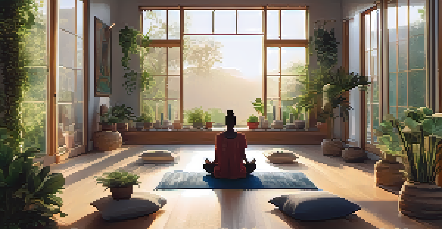 A peaceful indoor meditation space with plants, cushions, and natural light, featuring a person meditating in a serene environment.