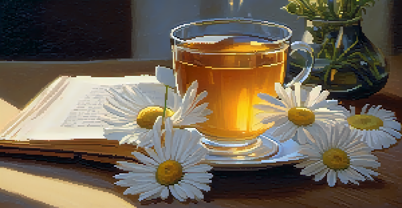 A cup of chamomile tea with a lit candle and a book on a wooden table.