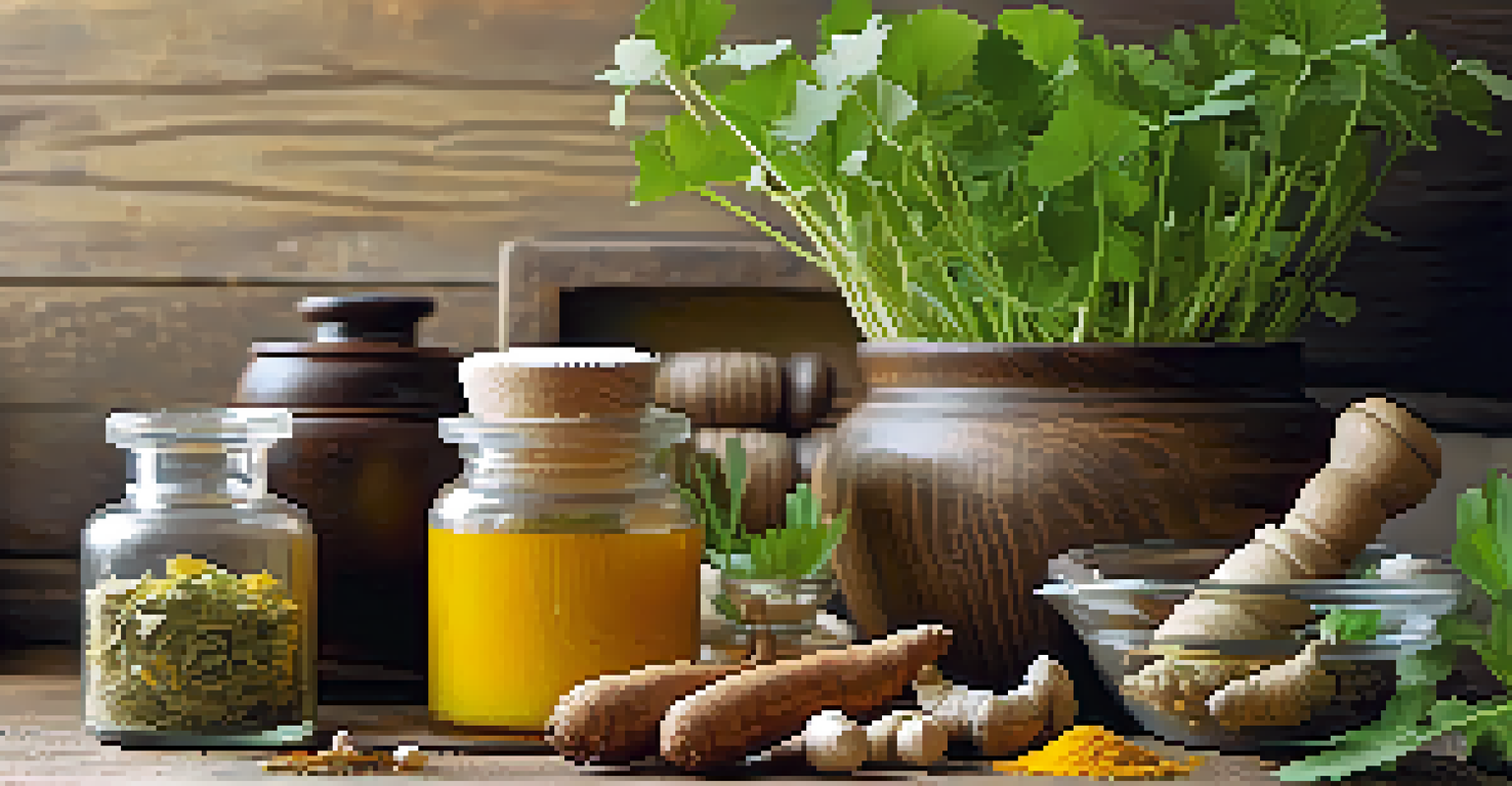 Close-up of herbal remedies including ginseng, turmeric, and ginkgo biloba on a wooden table, with fresh herbs and a mortar and pestle.