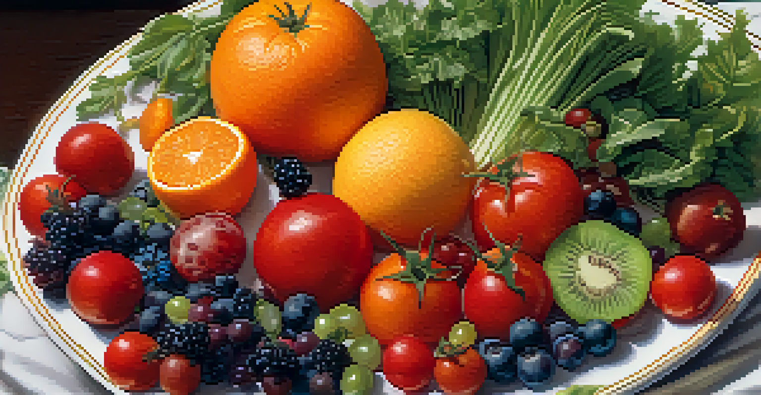 A plate filled with fresh, colorful fruits and vegetables arranged artistically, showcasing vibrant colors and textures.