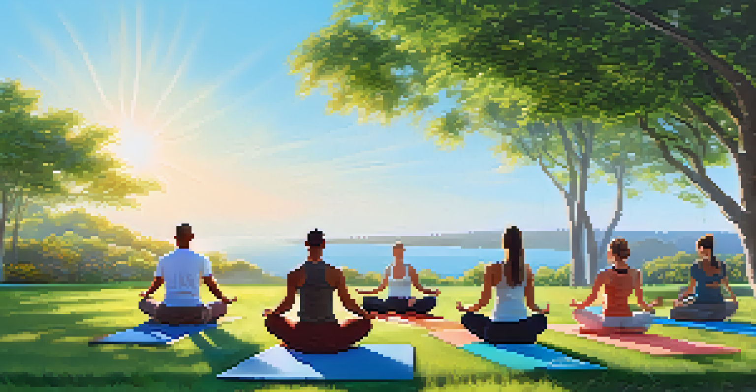 Employees doing light exercises outdoors on yoga mats surrounded by greenery and a clear sky.