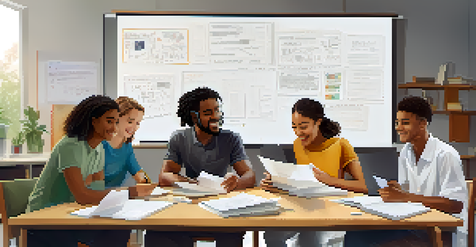 A diverse group of students studying together at a table, sharing notes and smiling, with a whiteboard filled with diagrams in the background.