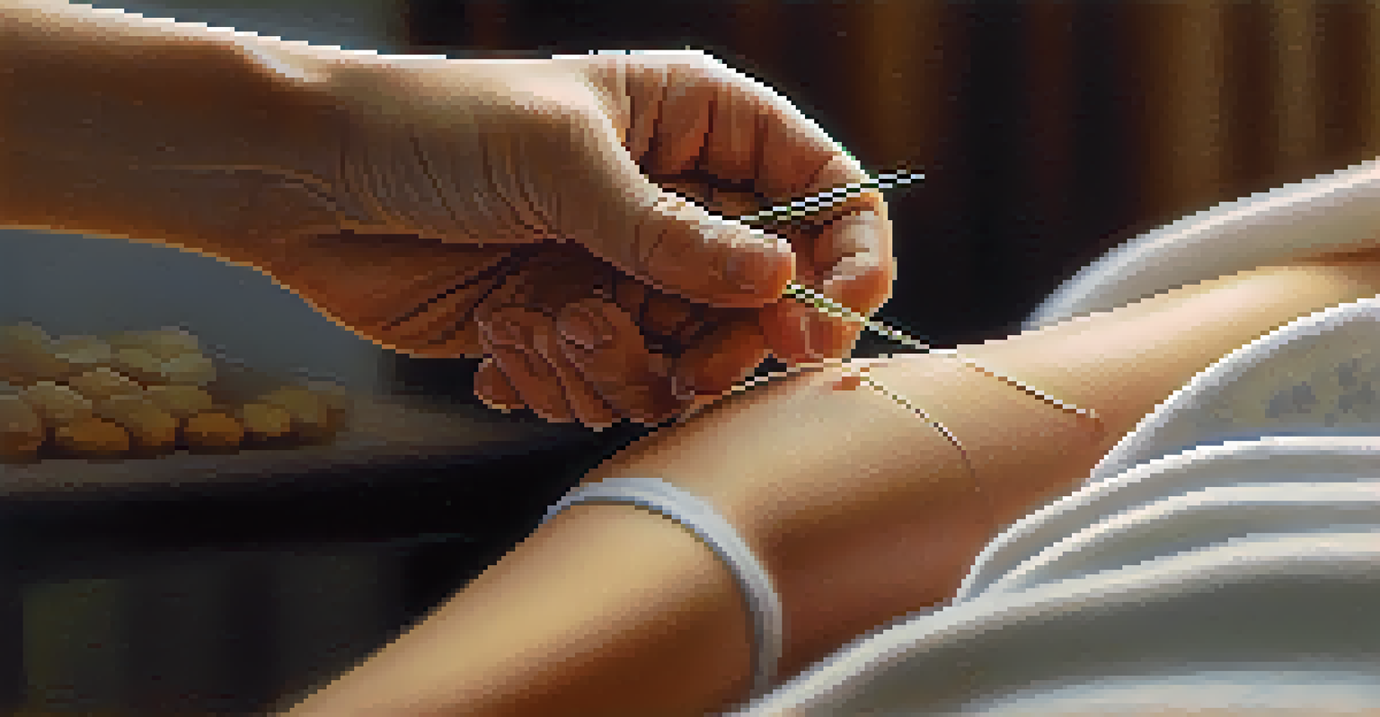 A close-up of acupuncture needles being inserted into a wrist, showcasing the delicate process.