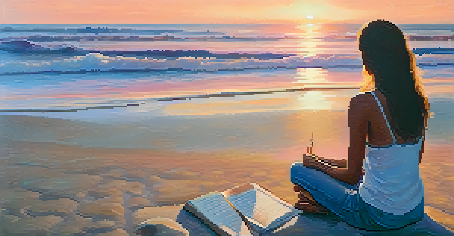 A peaceful beach at sunset with a figure meditating in the foreground, illustrating a guided imagery session.