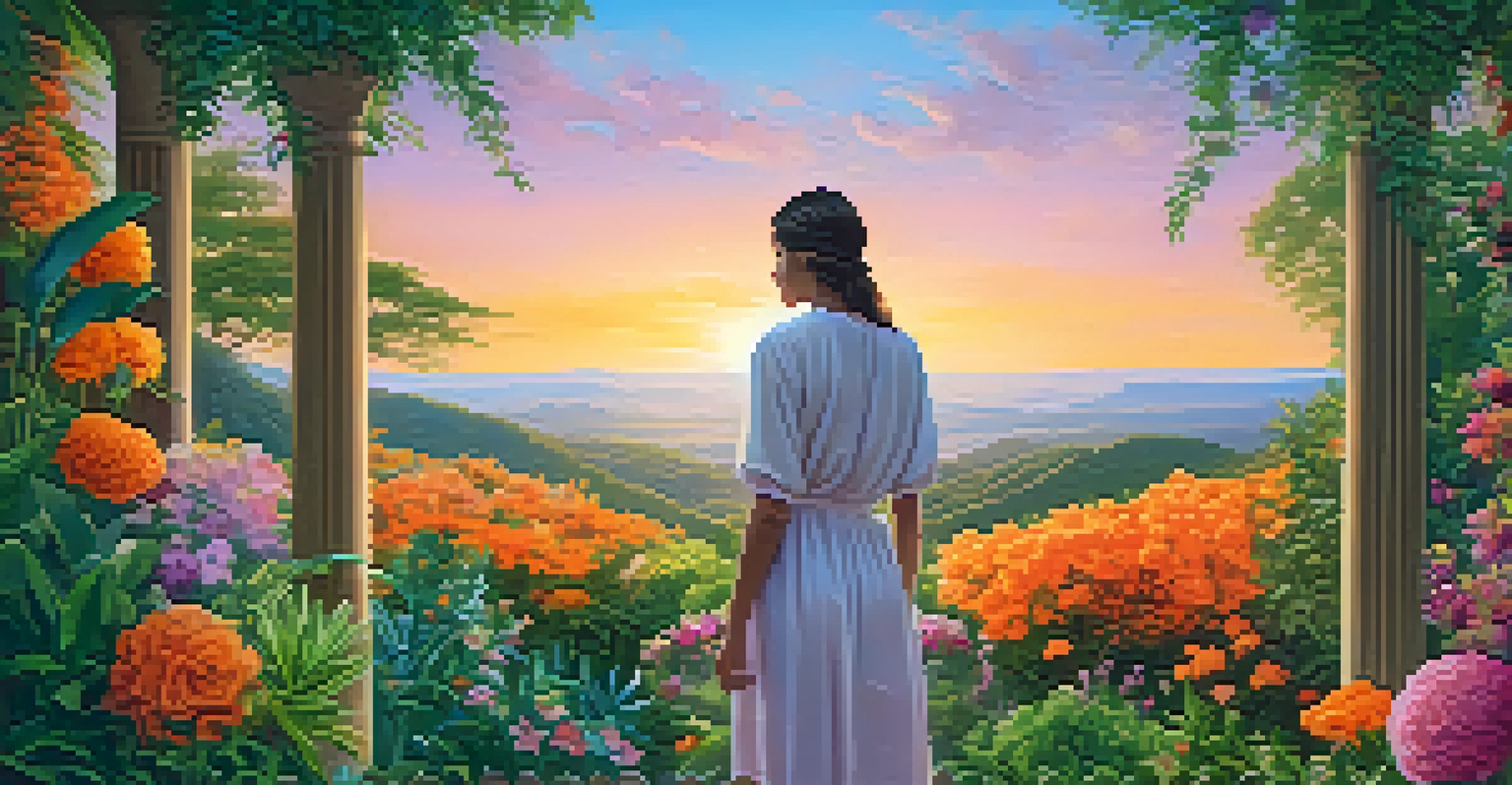 A vibrant illustration of the Law of Similars in homeopathy, showing a healthy individual amidst colorful plants and a sunset sky to represent balance.