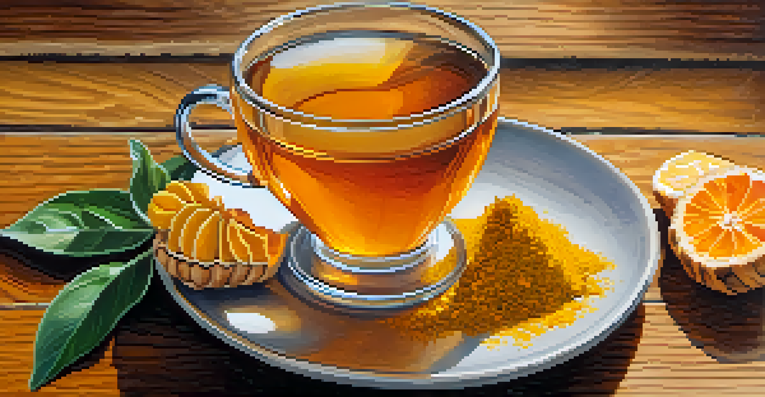 A close-up of a cup of ginger and turmeric herbal tea on a rustic wooden table, with fresh ginger and turmeric slices beside it.