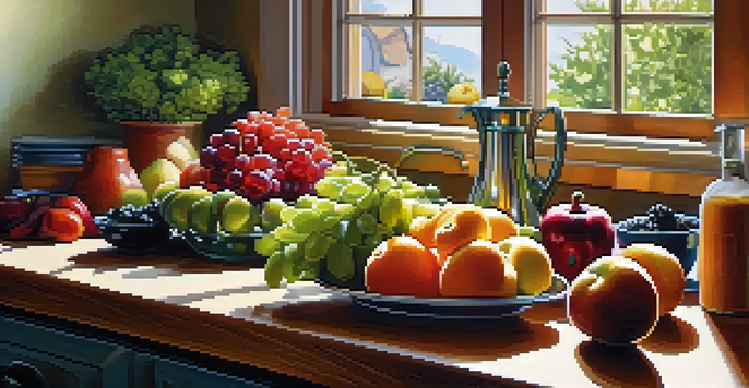 A bright kitchen with fresh fruits and vegetables on a wooden countertop, illuminated by sunlight.