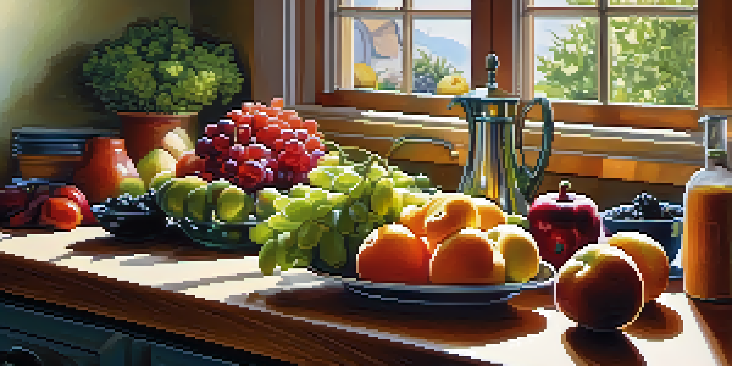 A bright kitchen with fresh fruits and vegetables on a wooden countertop, illuminated by sunlight.
