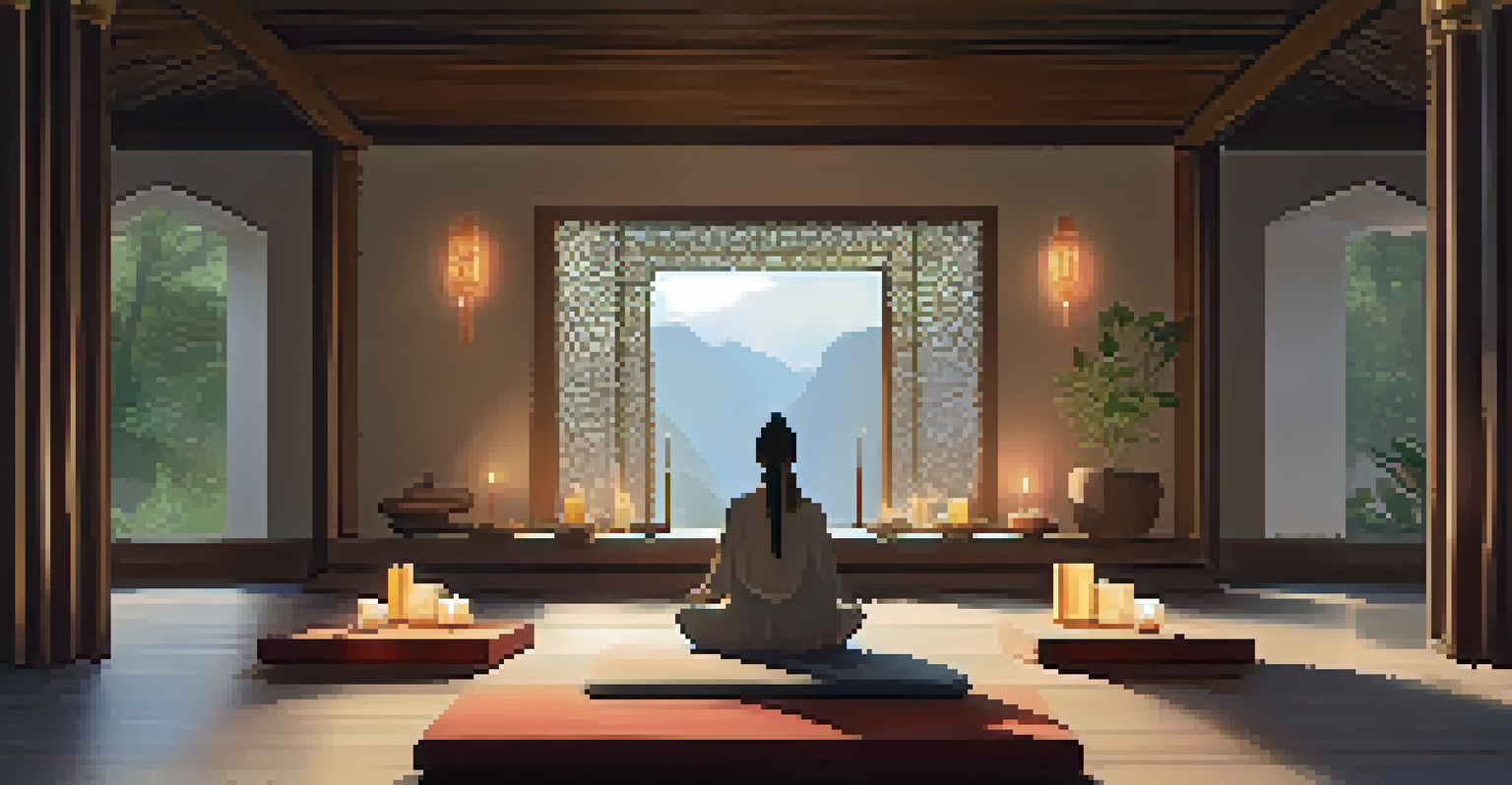 A cozy meditation space with cushions and candles, featuring a person practicing alternate nostril breathing.