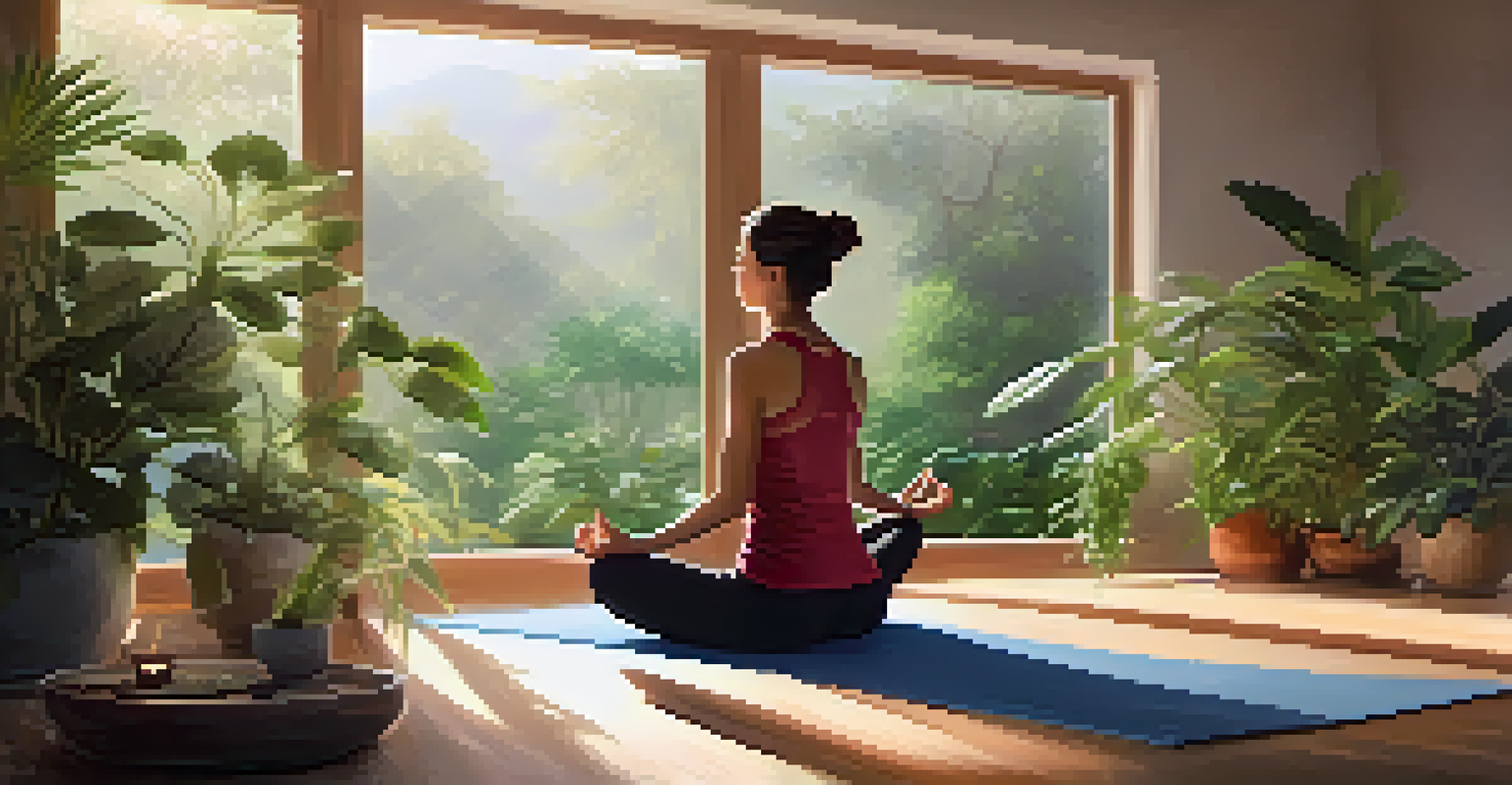 A woman practicing yoga in a peaceful studio filled with plants and soft lighting, promoting relaxation and stress relief.