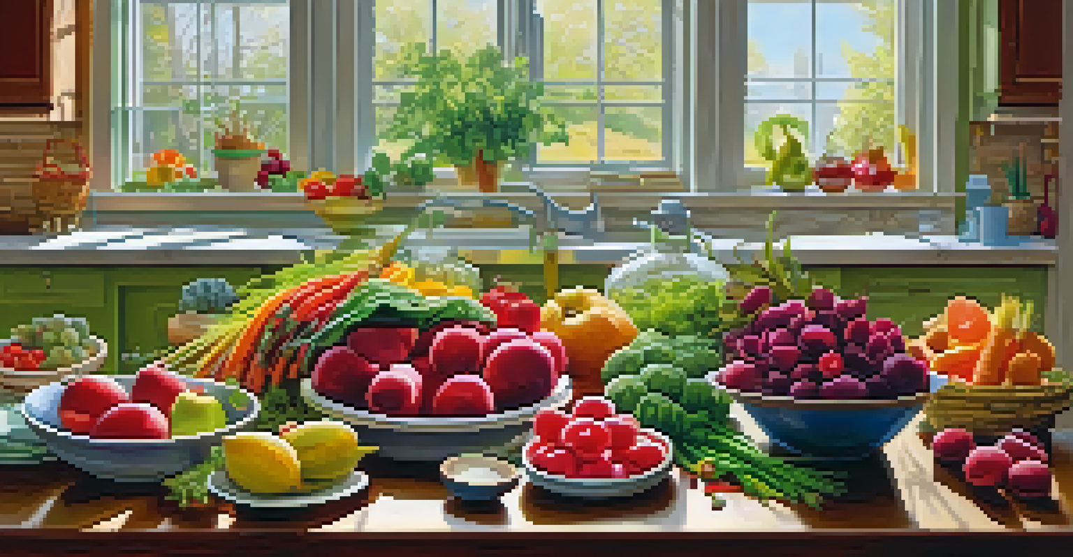 A kitchen table filled with vibrant fruits and vegetables representing different chakras, illuminated by natural light.