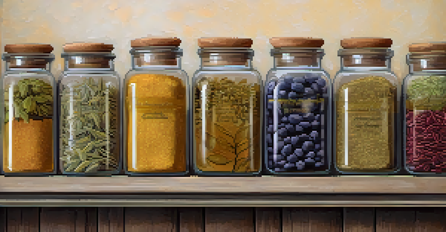 A shelf with glass jars of dried herbs like St. John's Wort and passionflower, arranged in a rustic setting with warm lighting.