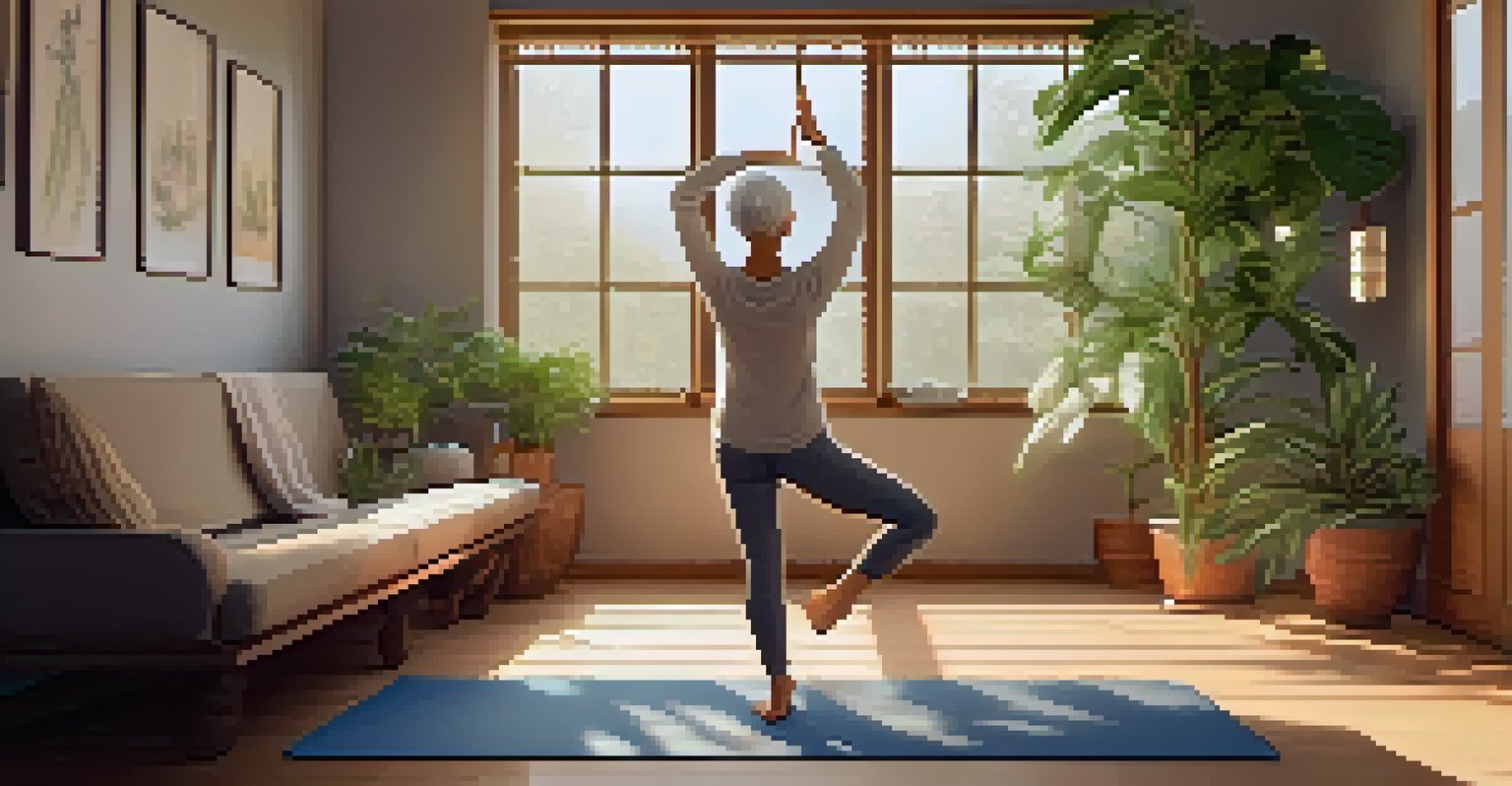 An elderly person practicing yoga in a calming studio, surrounded by plants and soft lighting.