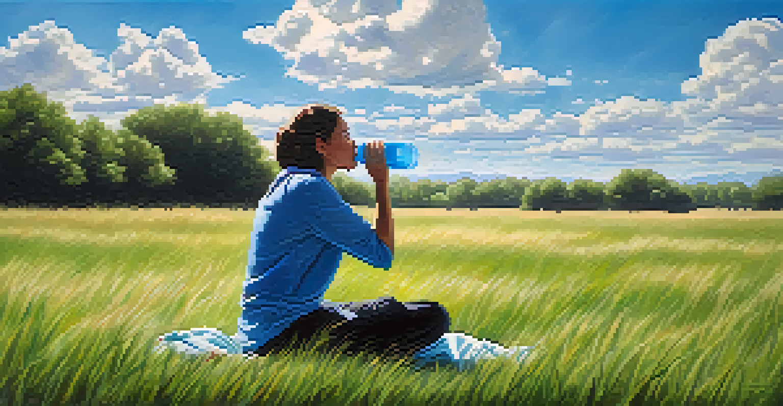 A person sitting on a grassy field, drinking from a water bottle, with a clear blue sky in the background.