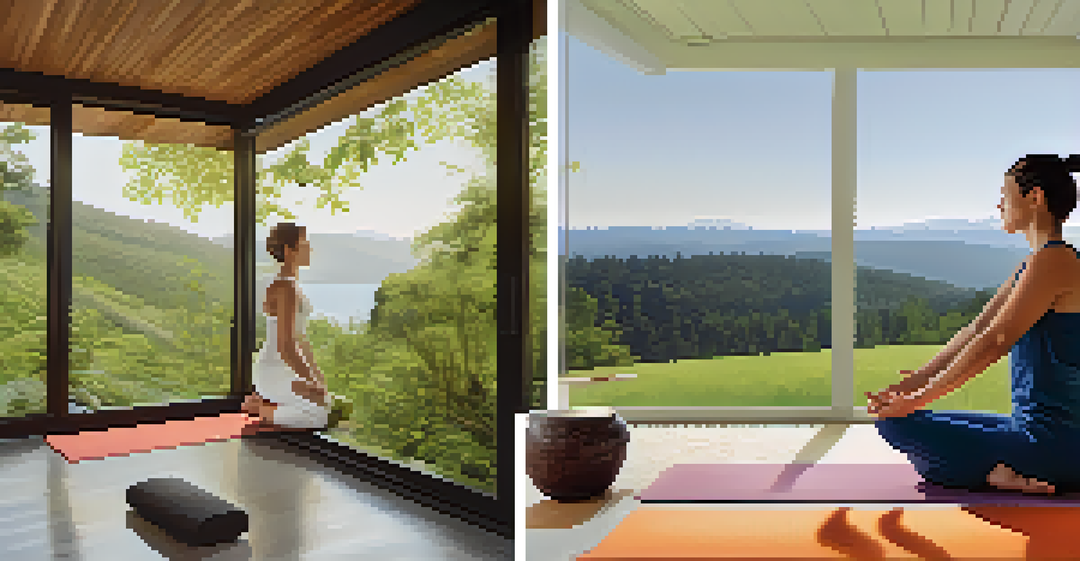 A split image featuring a person doing yoga in nature on one side and a doctor consulting a patient in a clinical environment on the other.