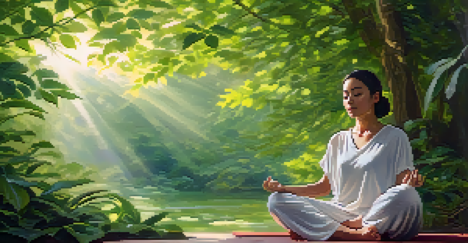 A person meditating in a peaceful green setting, illustrating the connection between mindfulness and gut health.