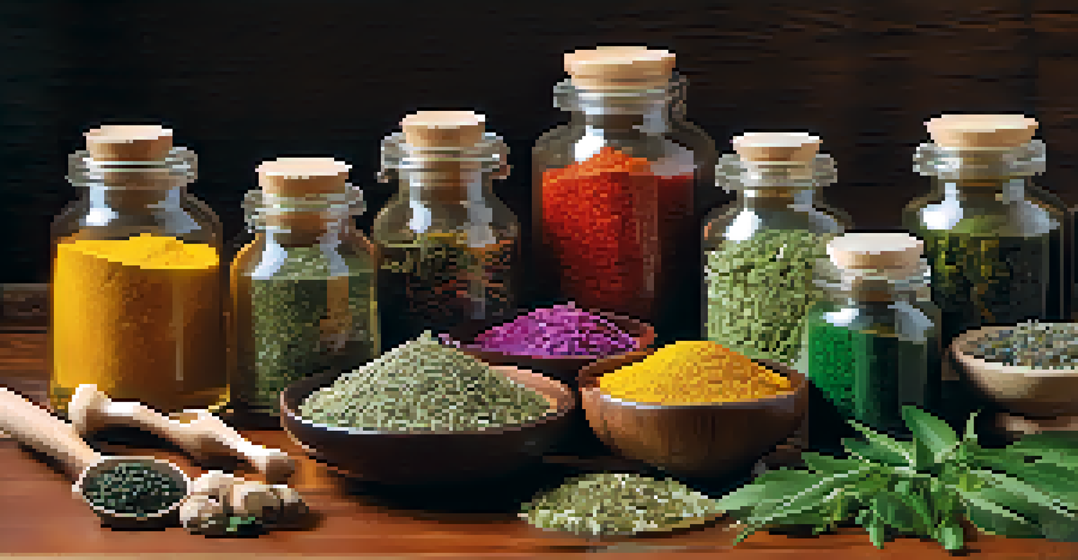 An assortment of herbal ingredients in jars on a wooden table, with a mortar and pestle.