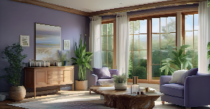 A cozy room with a wooden diffuser emitting steam, surrounded by plants and essential oil bottles, illuminated by warm natural light.