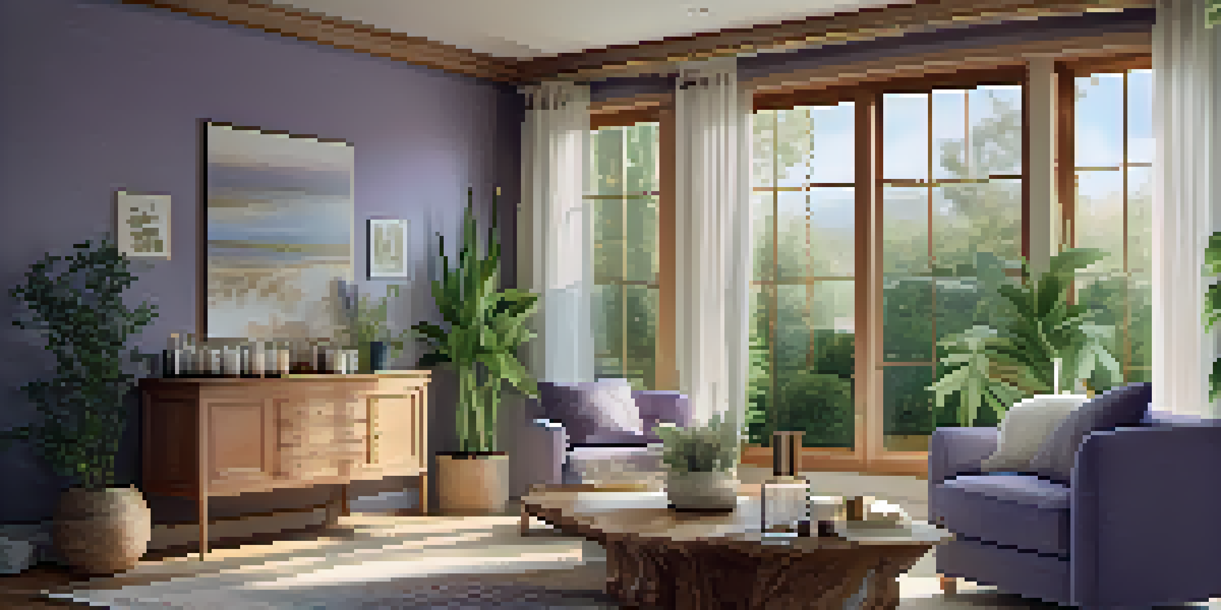 A cozy room with a wooden diffuser emitting steam, surrounded by plants and essential oil bottles, illuminated by warm natural light.