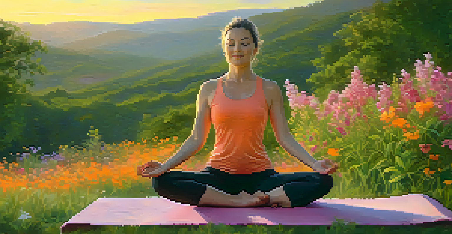 A woman doing yoga outdoors at sunset, surrounded by greenery and flowers, conveying tranquility and relaxation.