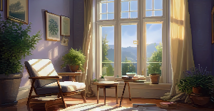 A peaceful sunlit room featuring a cozy chair, a table with chamomile tea and herbal books, and a potted lavender plant, bathed in warm light.