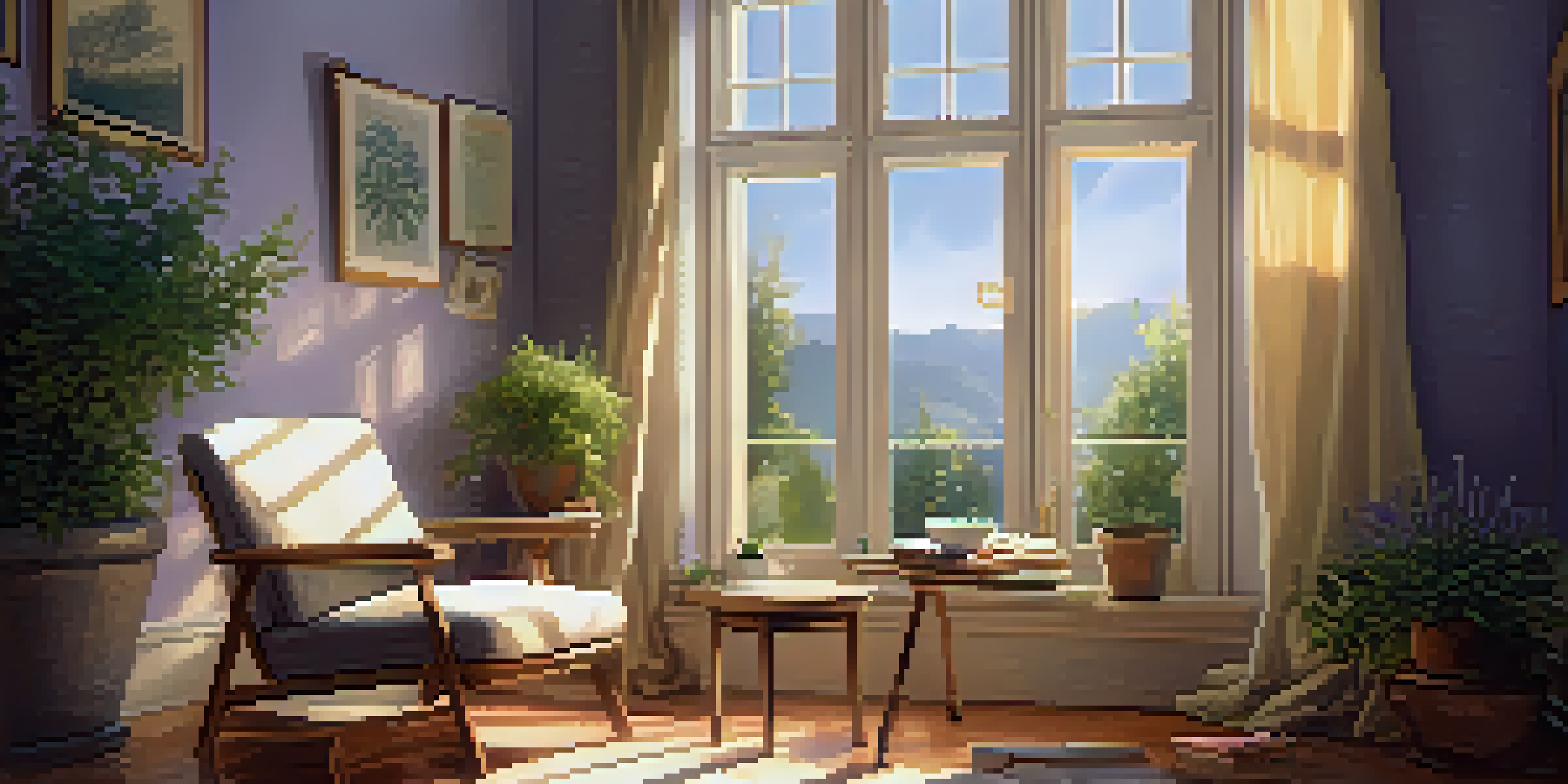 A peaceful sunlit room featuring a cozy chair, a table with chamomile tea and herbal books, and a potted lavender plant, bathed in warm light.