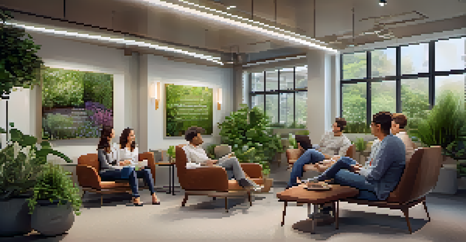 An office lounge area with employees socializing and enjoying herbal teas in a warm, inviting environment with greenery.