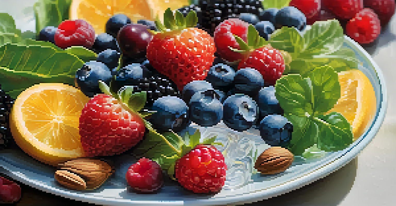 A close-up of a plate filled with colorful, nutritious foods like berries and greens, illuminated by natural light.