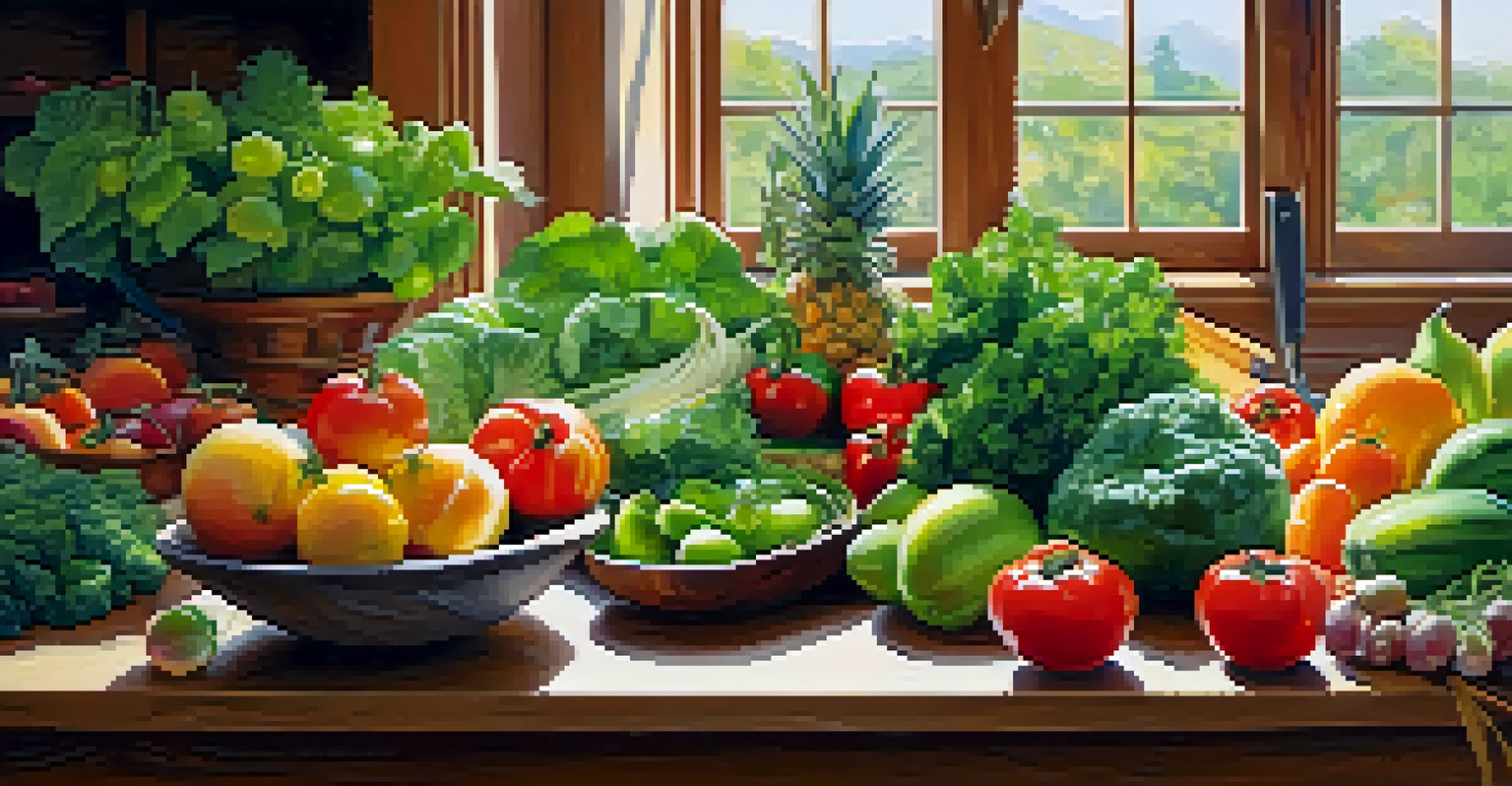A colorful arrangement of fresh fruits and vegetables on a kitchen table, emphasizing healthy nutrition.