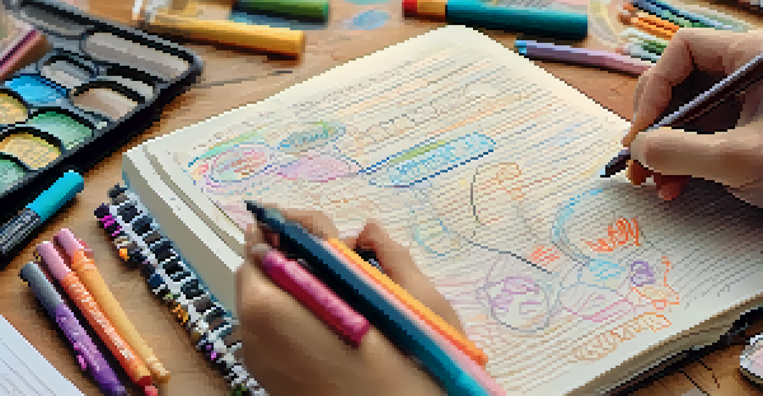 A close-up of a hand writing in a journal, surrounded by colorful doodles and markers, with a warm light creating a cozy mood.