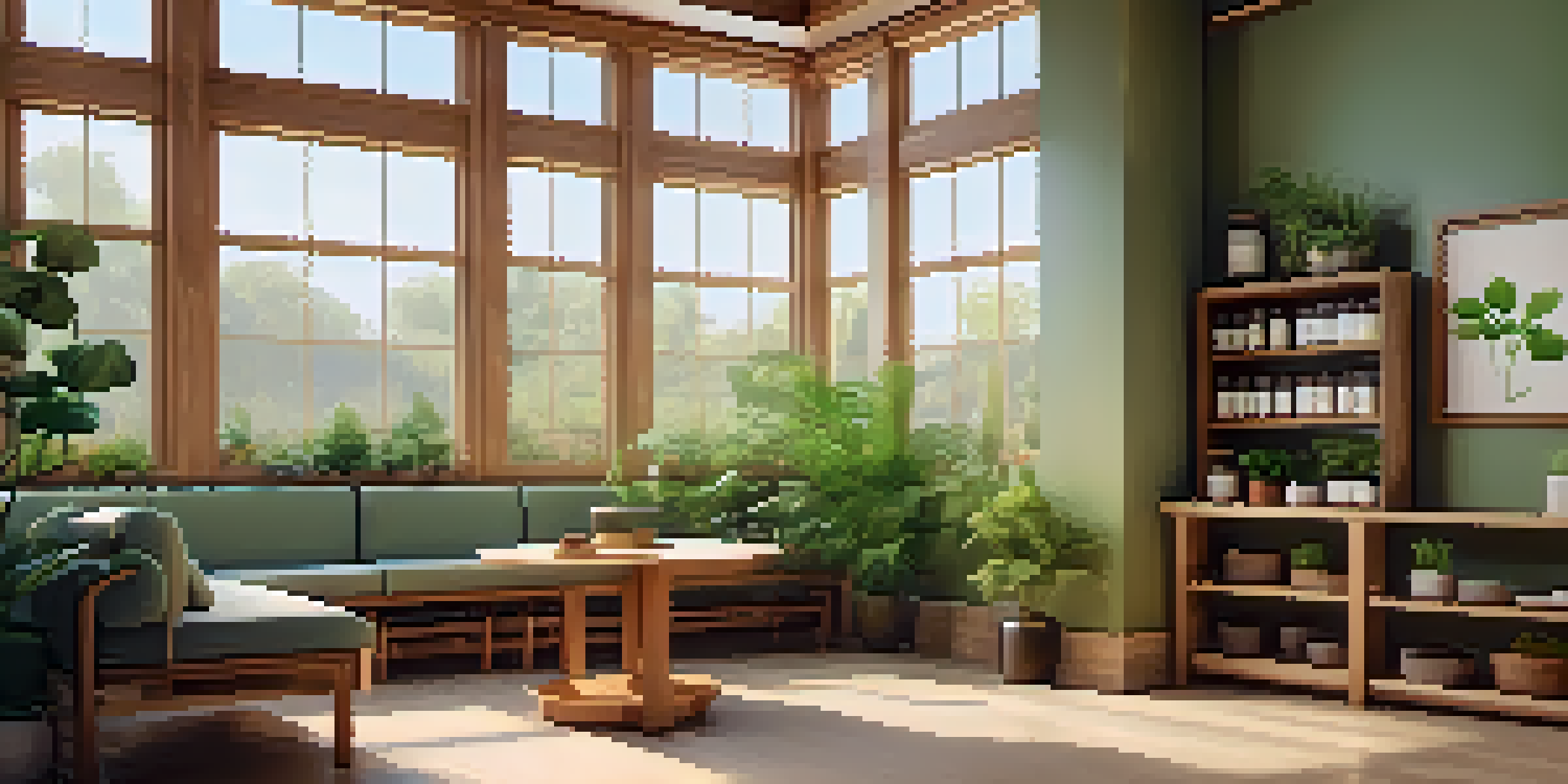 A peaceful naturopathic clinic with wooden furniture, plants, and natural light, showcasing a cozy consultation area.