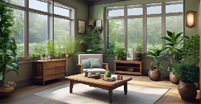 A peaceful naturopathic clinic with wooden furniture, sunlight streaming through windows, and plants, displaying herbal remedies.