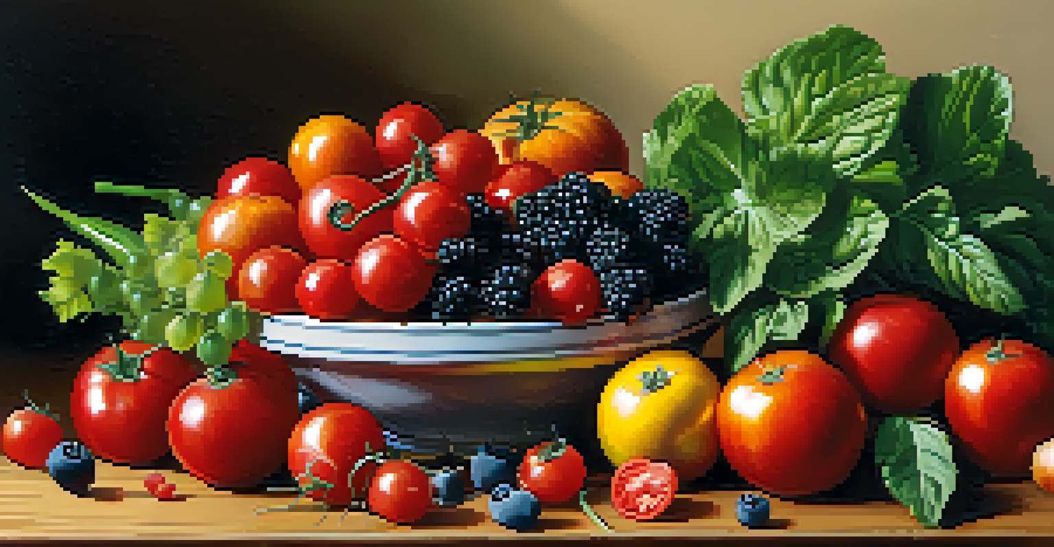 A close-up of fresh fruits and vegetables on a wooden table, highlighting their vibrant colors and freshness.