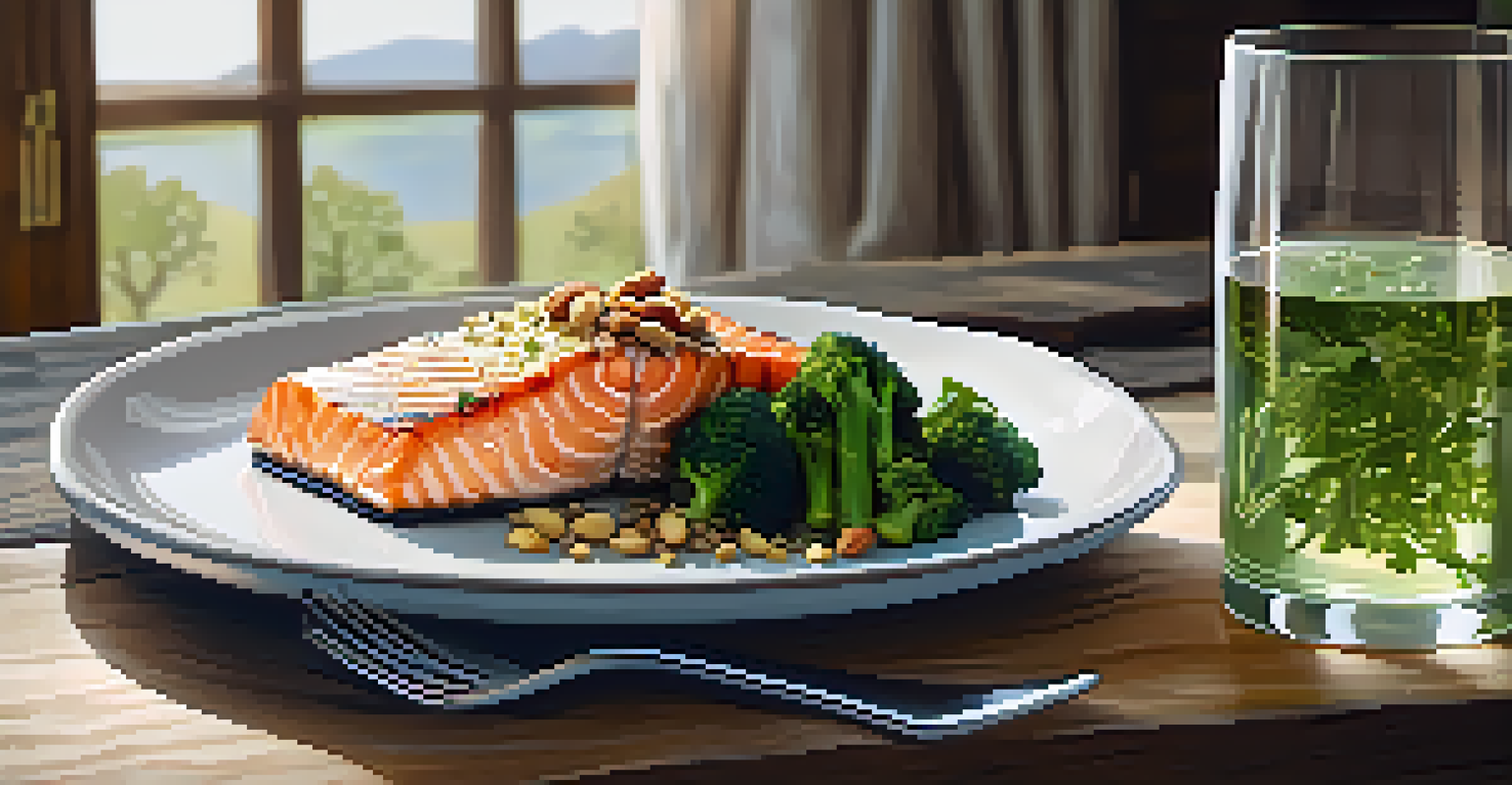 A balanced dinner plate with grilled salmon, broccoli, and quinoa, presented on a wooden table, promoting healthy eating.